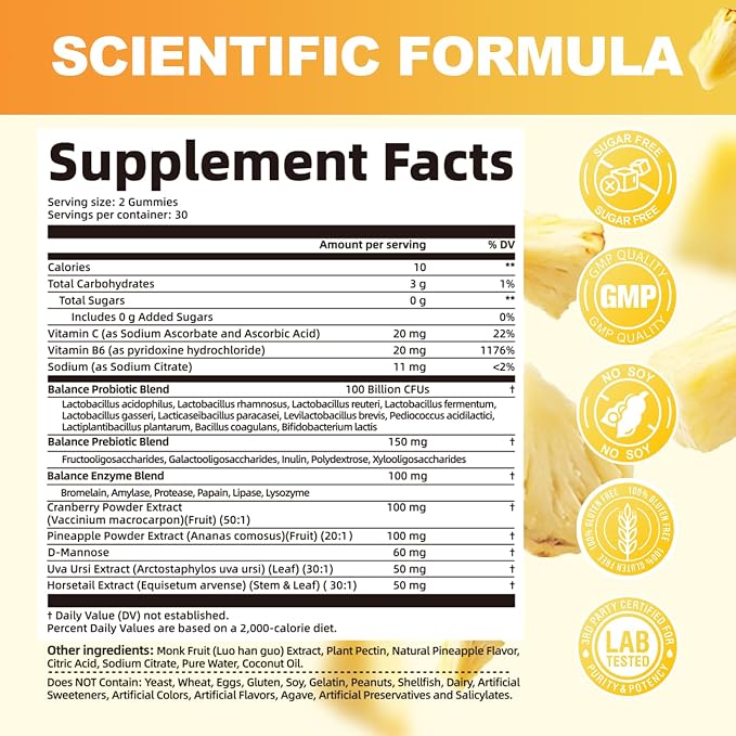 Migcopat Premium Feminine Balance Gummies – 2 Pack, Probiotic + Enzyme Blend for Digestive, Hormone & PH Balance, Pineapple Flavor, 120 Gummies