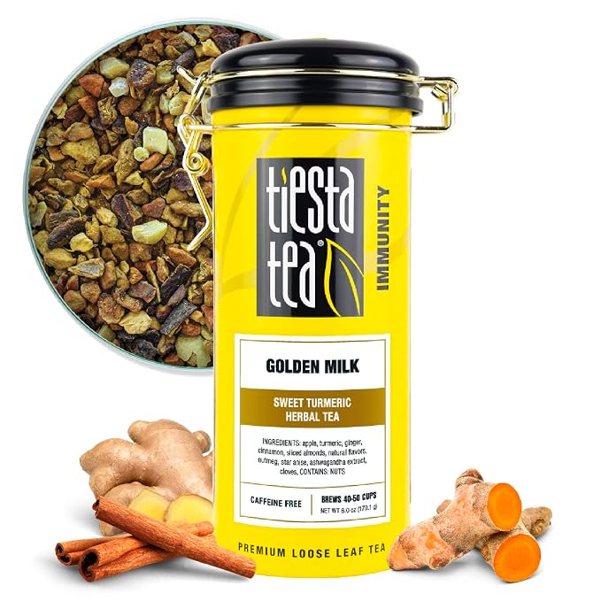 Tiesta Tea - Golden Milk, Loose Leaf, Sweet Turmeric Herbal Brew, Non-Caffeinated Herbal Blend, Makes Hot or Iced Up to 40-50 Cups, 6oz Refillable Tin
