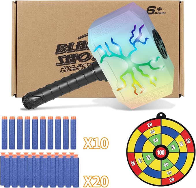 Thors Dart-Blasting Hammer Toys Gun with Lights -Toys for 5 6 7 8 9+ Year Old Boys,Kids Roleplay Toy Thunder Mjolnir with 30 Darts