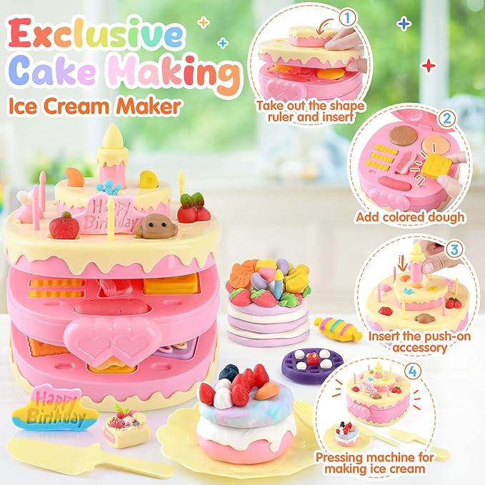 WeeHomm 4 in 1 Color Dough Set Kitchen Creations with Ice Cream/Cake/Noodle/Hamburger Maker Machine, Arts Crafts Play Food Toys Tools Kit for Boys Girls Kids Toddlers Ages 3+ , 24 Dough
