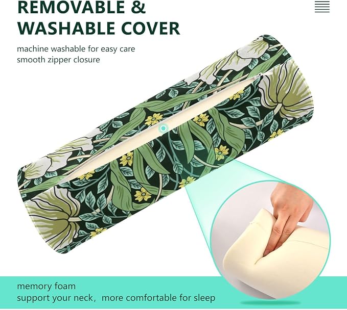 Neck Roll Pillow Bolster Pillow Round Health Memory Foam Long Cervical Roll Cylinder Bolster Body Pillow with Removable Washable Cover Bolster Pillow for Bed Legs Back Yoga Willam Morris Green