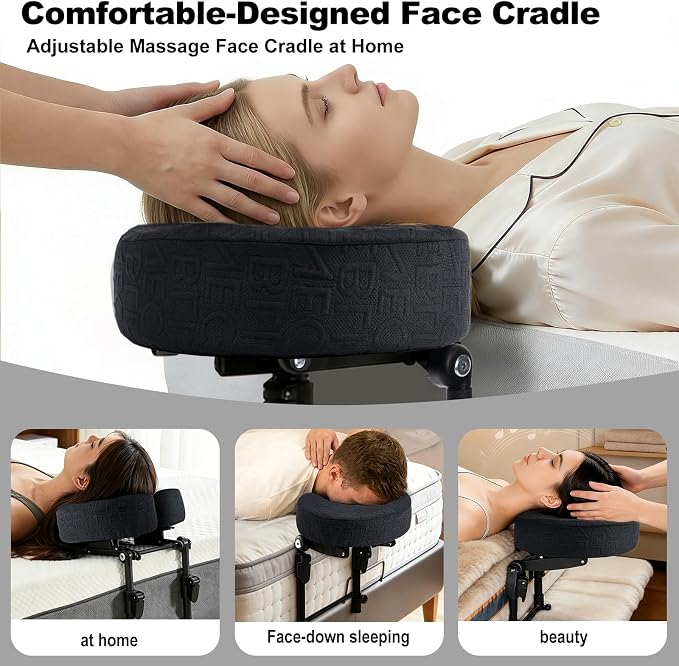 Massage Headrest for Bed with Adjustable Height, Memory Foam Face Cradle, Washable Pillowcase for Home Mat(Black)