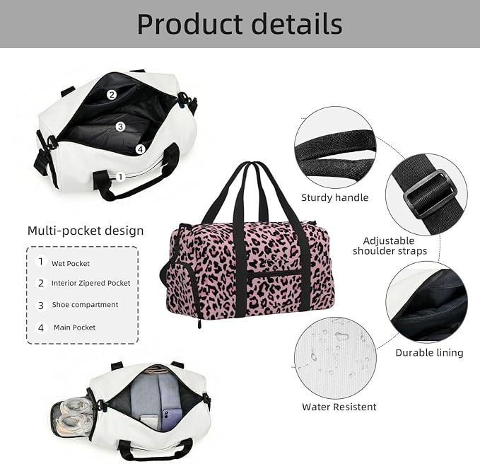 Fiokroo Sports Gym Bag Leopard Print Pink Travel Duffel Bag For Men Women With Shoe Compartment Water Resistant Gym Bag Carry On Duffel Bag For Weekend Traveling Yoga Gym Sports