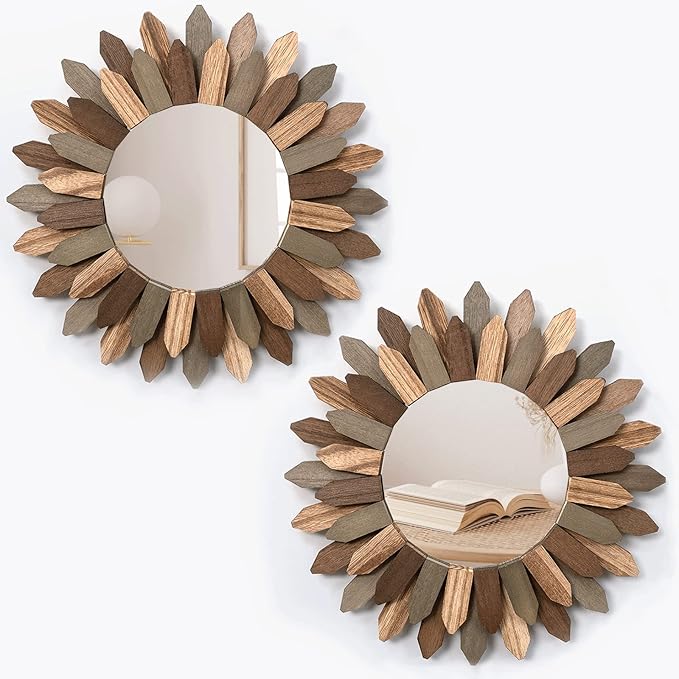 Boho Wall Decor Mirror 2 Pack 12 inch Rustic Wood Decorative Mirror for Room Decor Rustic Farmhouse Wall Decor for Bedroom Bathroom Living Room Entryway Tril Color