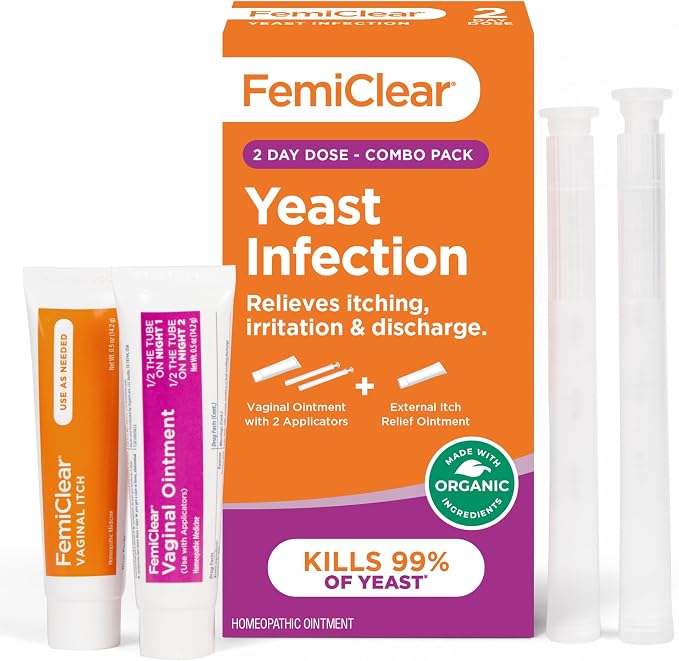 FemiClear Yeast Infection & Itch Relief Ointment Duo, 2-Day Dose, 1 Oz | Fast-Acting Soothing Care & Vaginal Relief for Itching, Irritation, Discharge, All-Natural, Organic Ingredients