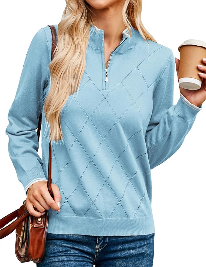 JACK SMITH Quarter Zip Pullover Sweaters for Womens, Rib Polo Sweater Tops | V Neck,Knit,Long Sleeve,Argyle,Open Pattern,Callar,Lightweight,Fashion,Golf Work Business Daily Wear Versatile Pullover Shirt