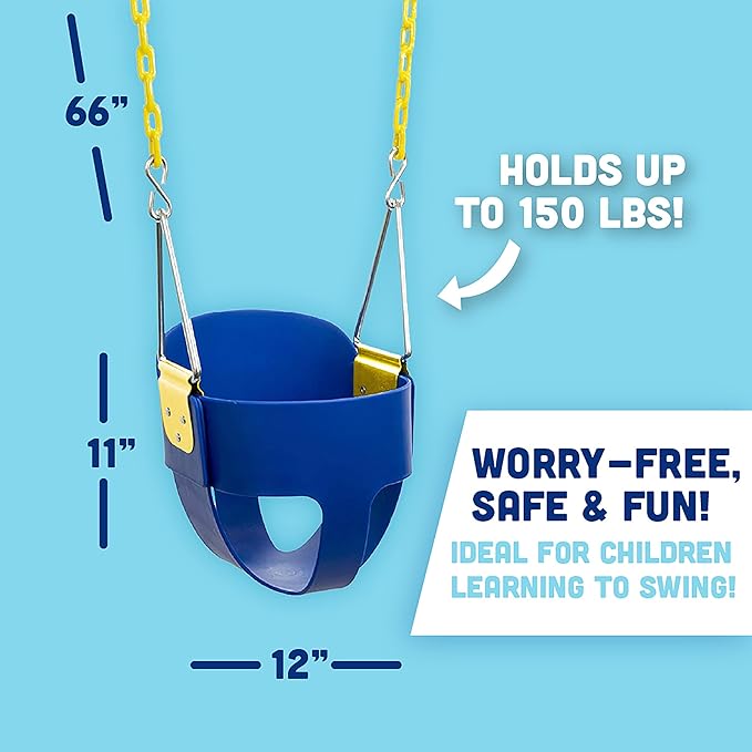 Squirrel Products High Back Full Bucket Toddler Swing Seat with Plastic Coated Chains - Swing Set Additions & Replacements - Outdoor Play Equipment - Blue