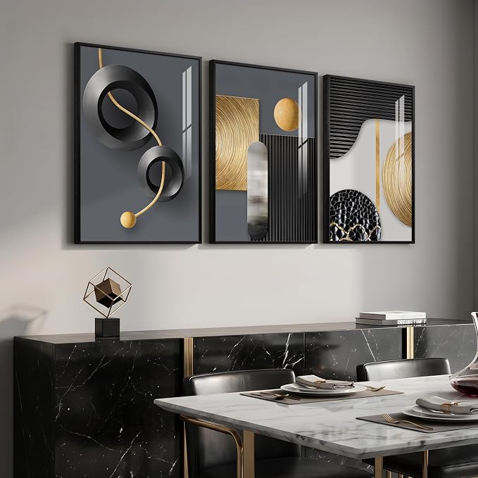 Framed Modern Elegant Wall Art for Living Room, 3 Piece 16x24 In | Black gold wall prints, Abstract geometric wall paintings, Contemporary luxury bedroom dining room office wall decor