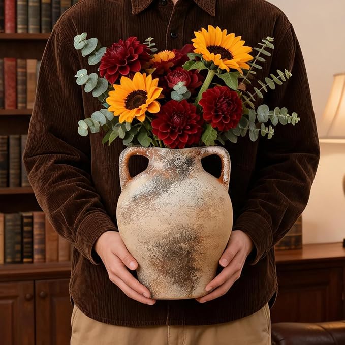 Ceramic Flower Vase, 8.7" Rustic Farmhouse Table Vase, Decorative Pottery Vase with Glazed Interior for Fresh Flowers, Eucalyptus, Entryway, Kitchen, Shelf and Bedroom Decor