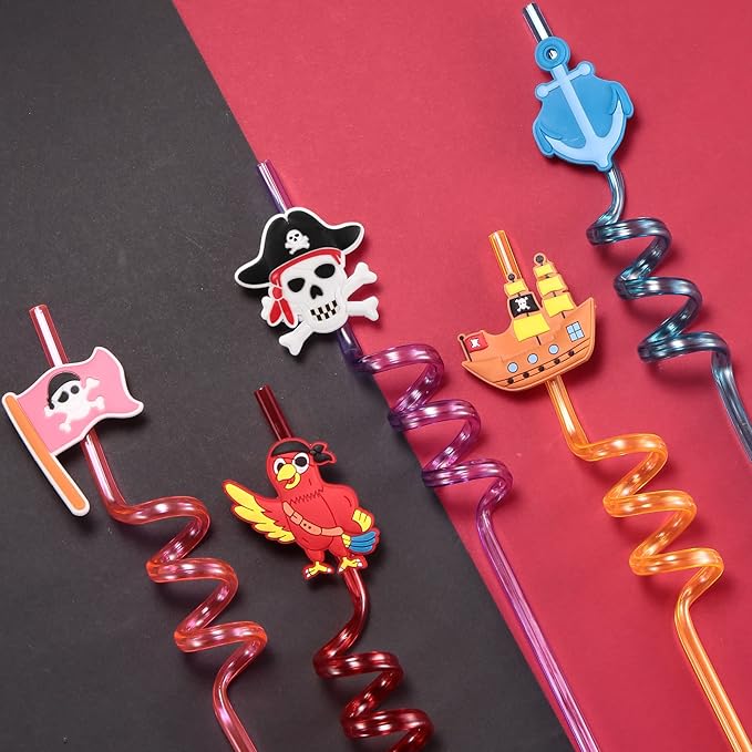 24 Pirate Party Favors Reusable Plastic Straws for Pirate Themed Birthday Party Supplies Decorations with 2 Cleaning Brushes