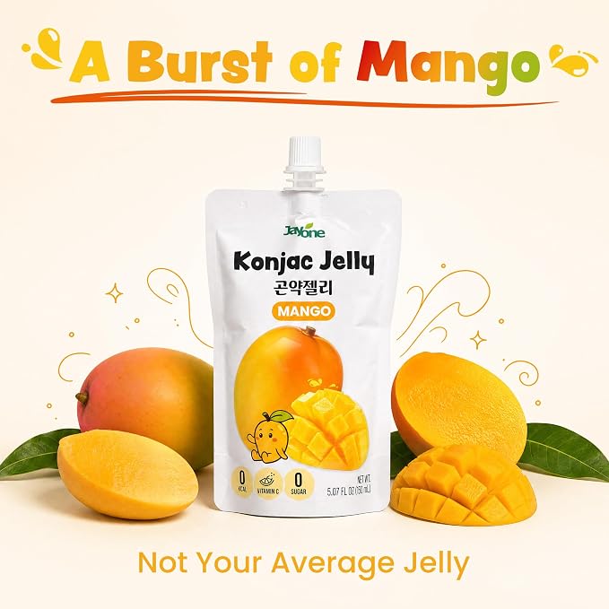 Jayone Drinkable Konjac Jelly Pouch - Mango Flavor, 10 Pack, 5.07 fl oz Each - Zero Sugar, 0 Calories, 17% Vitamin C, Halal, Made in Korea