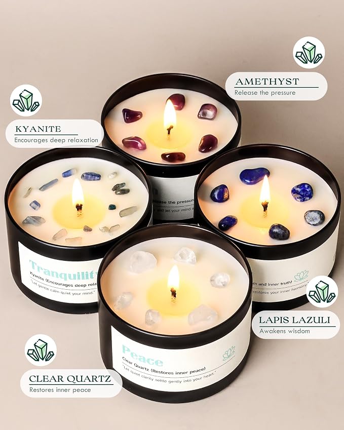 AOOVOO Crystal Calm Candles Set for Women - 4 Pack 26 oz Soy Wax Candles for Home Scented, 200 Hour Long Lasting Candle, Peace Clear Quartz/Tranquility Kyanite/Calm Amethyst/Serenity Lapis Lazuli