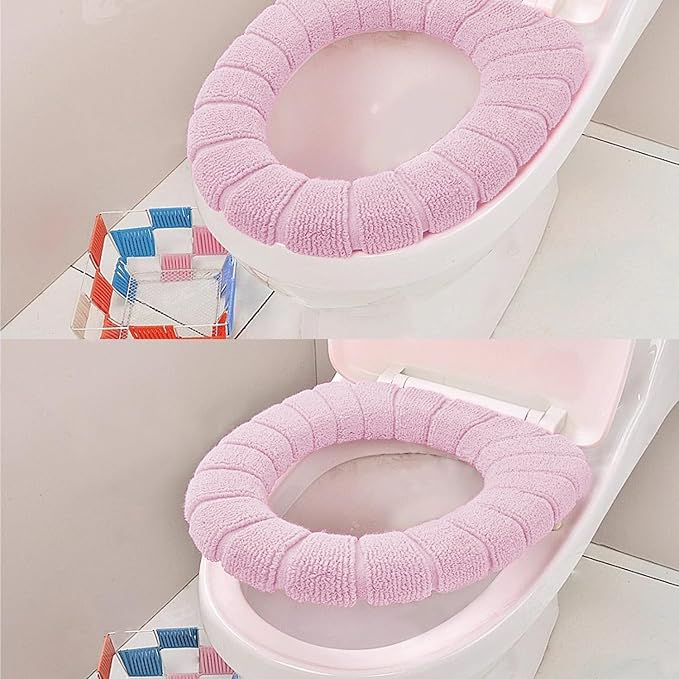 2 PCS Soft Thicker Plush Bathroom Toilet Seat Cover Pads Stretchable Washable Cloth Design for Universal Fit O/U/V/Rectangular Toilets (Lavender)