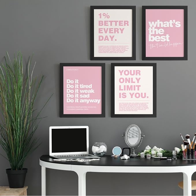 DSHFG Motivational Inspirational Office Wall Art Decor Pink Prints 4Pcs | Pink Office Motivational Wall Decor Trendy Retro Positive Affirmations Quotes Wall Decor Posters, 12x16 Unframed