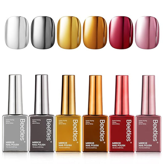 Beetles Mirror Nail Polish Set – Metallic Muse 6 Colors, High Gloss & Quick-Drying Metallic Nail Polish Set, Long-Lasting Air Dry Home DIY Perfect Nail Art Spring Gift for Women