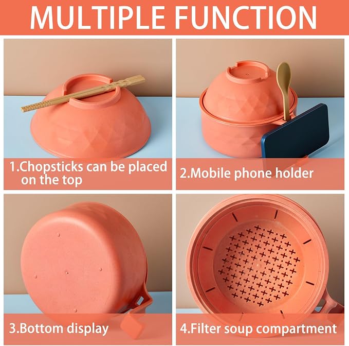 1 Set Microwave Ramen Cooker 40oz Wheat Straw Microwave Noodle Bowl Set with Chopsticks, Spoon, Fork, College Dorm Office Apartment Essentials (Orange)