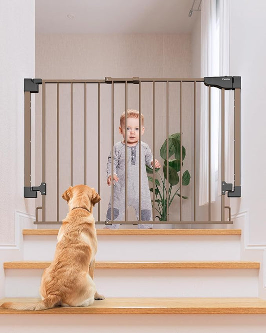 Cumbor 29.2–43" Baby Gate for Stairs, Hardware Mounted (Drill Required), Expandable No Bottom Bar Dog Gate, Auto Close Extra Wide Walk Thru, Pet & Toddler Proof Gate, Top & Bottom of Stairways (Brown)