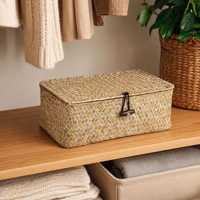 Seagrass Wicker Storage Basket with Lid, Small, Whitewash | 9.05 x 5.11 x 3.34 Inch Box, Shelf Organizer, Rectangular Woven Bin, Small Item Storage, Decorative Finish