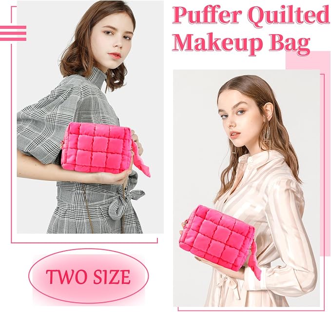 Puffer Quilted Makeup Bag Cosmetic Bags,Puffy Travel Toiletry Pouch for Women,Cute Checkered Zipper Bag Travel Essential,Portable Aesthetic Make up Organizer Bag for Gifts Work Daily(RoseRed,S)