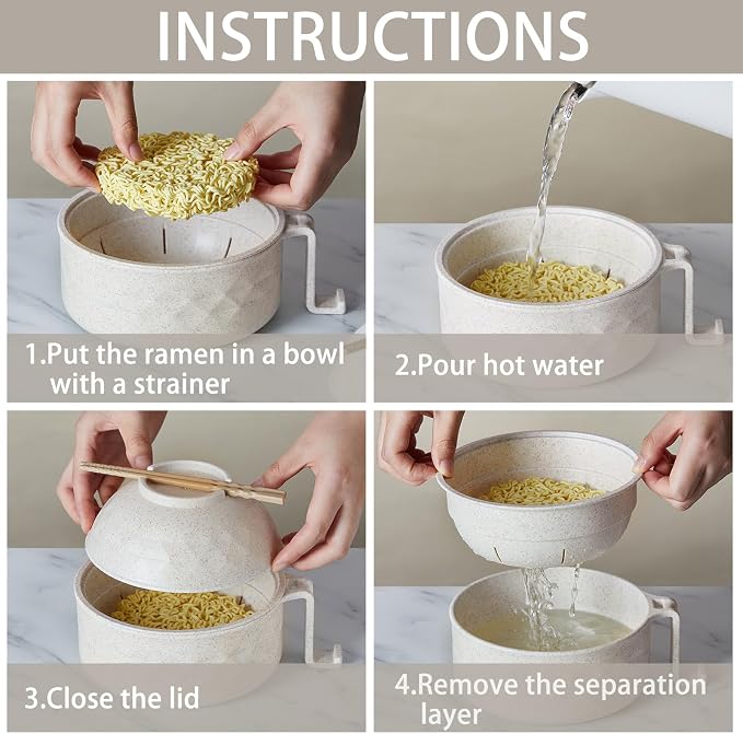 1 Set Microwave Ramen Cooker 40oz Wheat Straw Microwave Noodle Bowl Set with Chopsticks, Spoon, Fork, College Dorm Office Apartment Essentials (Beige)