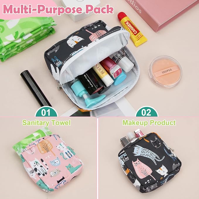Sanitary Pad Storage Bag Portable Period Bag for Teen Pads/Sanitary Napkins/Small Tampons, Sanitary Napkin Storage Bag First Period Gifts for Teen Girls (Grey Cats)