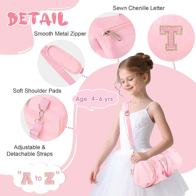 Personalized Initial Dance Bag for Girls 4-6, Small Lace Gym Sport Yoga Cheer Dance Bags Gift for Teen Girls, Cute Letter Kids Ballet Bag Toddler Travel Duffel Tote with Adjustable Straps(Pink-T)
