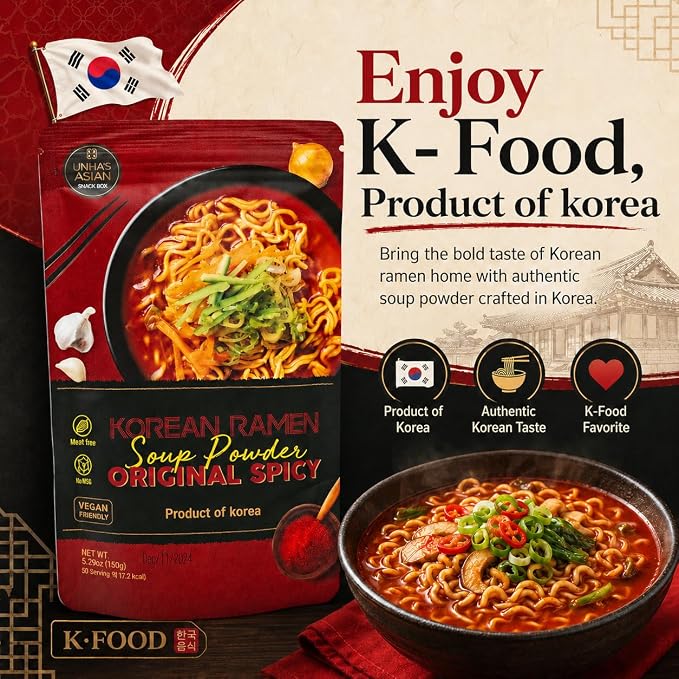 Unha's Korean Spicy Ramen Seasoning Powder, Vegan, 5.29 oz | korean spicy ramen seasoning, vegan soup powder, 5.29 oz pouch, hot broth, noodles udon rice hot pot