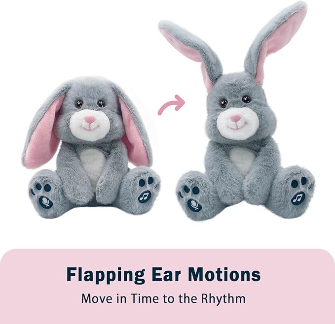 YH YUHUNG Interactive Talking Bunny Plush – Two Modes: Record (10s) & Repeat Talk-Back, 10 Songs, Flapping Ears, Volume Up/Down, Soft Gray-Pink, 3×AA Required, Ages 3+
