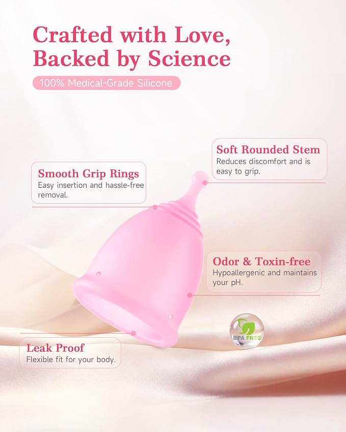 Menstrual Cup Steamer Sterilizer with S&L Size Reusable Period Cups, BPA Free, Leak-Proof Up to 12 Hours, Period Cleaner Kit-Travel Storage Pouch Included