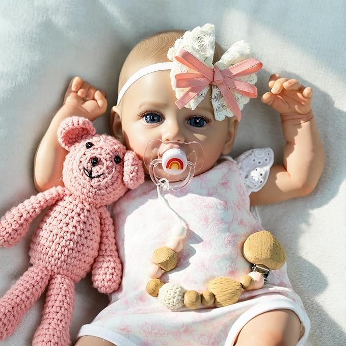 SCOM 18" Realistic Reborn Baby Girl Doll, Weighted Soft Cloth Body & Poseable Vinyl Limbs, Hand-Painted Details, Feeding Set, Lifelike Newborn Gift for Kids 3+ / Collectors