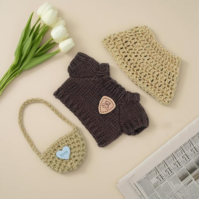 Clothes for Lububu(Not Doll), 3-Piece Brown Plush Doll Outfit Include Hat Sweater Bag, Cute Dolls Outfit Accessories for 6.7in Dolls (Brown)