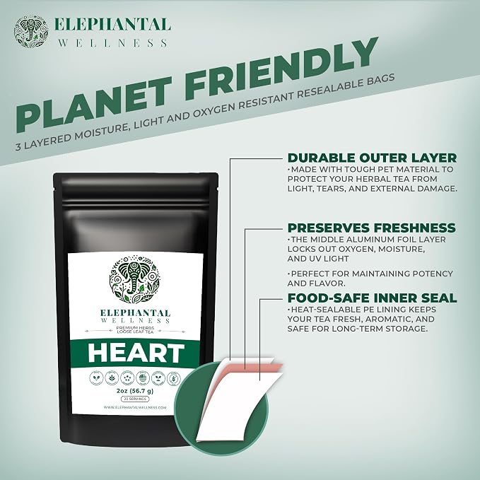 Elephantal Wellness Heart Herbal Tea – Herbal Loose Leaf Tea for Circulation & Cardiovascular Support with Hawthorn, Cinnamon, Ginger & Turmeric – Lightly Caffeinated Green Tea Blend, 2oz, 20 Servings
