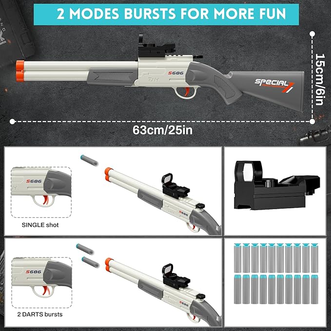 Toy Gun Double Barrel Shotgun Toy,with 20 Soft Bullet Darts, Toy Foam Blaster Foam Dart Blaster with Scope for Kids, Youth, Teen, Boys-Holiday for 8-12 Year (White)