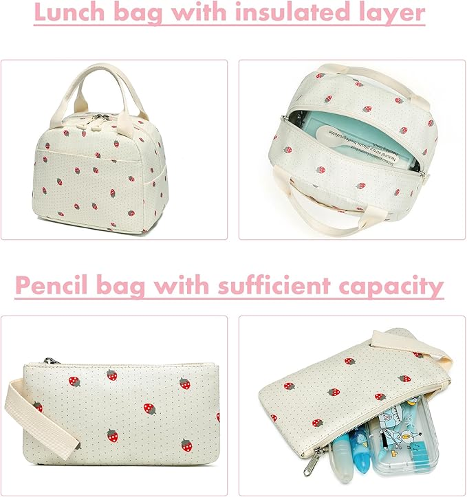 Bluboon Teen Girls School Backpack Kids Bookbag Set with Lunch Box Pencil Case Travel Laptop Backpack Casual Daypacks (Strawberry beige base)