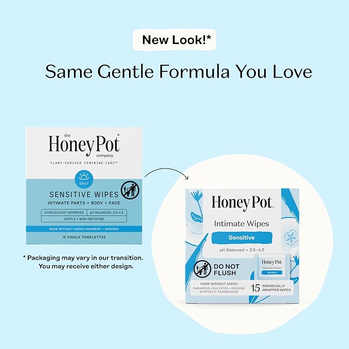The Honey Pot Company - Feminine Wipes - Sensitive - Individually Wrapped - pH Balancing, Herbal Infused Plant-Based Feminine Care - Great for Travel & Period Kits - 15ct (Pack of 3)