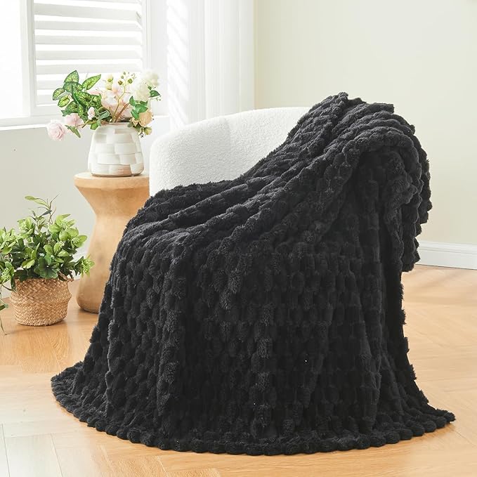 NEWCOSPLAY Super Soft Queen Blanket Black Premium Silky Flannel Fleece 3D Clouds Stylish Jacquard Lightweight Bed Blanket All Season Use 350GSM (Black, Queen(90"x90"))