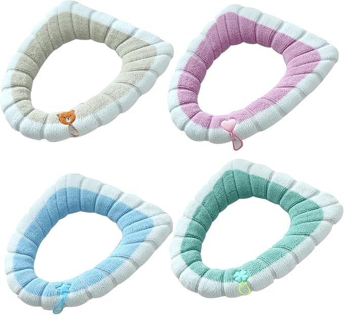 Toilet Seat Covers 4Pcs Soft Toilet Seat Warmer Cushion with Handle Winter Thick Stretchable Washable Bathroom Cushion Fits All Oval Seats Style 2, Xmas Decor