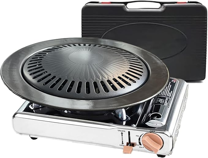 Detachable Grill Pan & Gas Stove Combo with Safety Auto-Eject | Portable Suitcase Design for Camping, Tailgating, Picnics, Indoor/Outdoor Cooking & Hot Pot