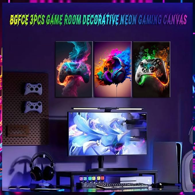 BGFCE Gaming Room Decor Canvas Wall Art Set of 3 - Cool Video Gaming Theme Wall Decor, Gamer Paintings Picture Print for Teen Boys Room 16x24 inch Framed