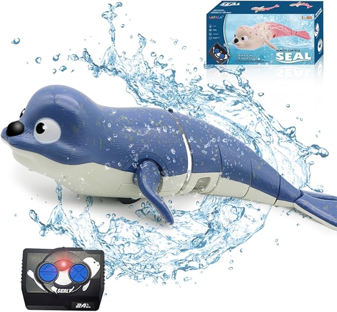 Pool Toys Amphibious Remote Control Lazy Seal 2.4Ghz Rechargeable Battery Cute Toys Robot Fish Remote Control Shark Car Bath Toys Interactive Crawling Toys for Toddler Kids 3,4,5 Years Old Boys Girls