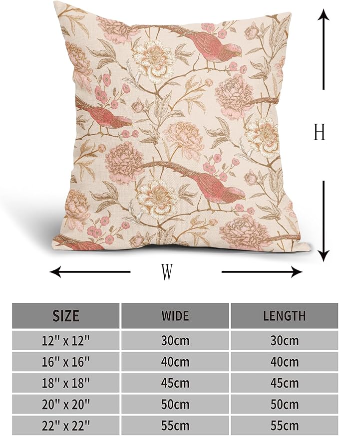 Pink White Roses Floral Pillow Covers 16X16 Inch Set of 2 Retro Flowers Birds Leaves Decorative Pillow Cases Art Vintage Cotton Linen Cushion Case Retro Home Decor for Sofa Couch Porch Outdoor