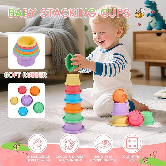 Toddler Bath Toys for Kids Ages 1-3, 17PCS Easy Clean & Colorful Mold Free Bath Toys for Babies 6-12 Months with Educational Stacking Cups Fun Bathtub Pool Water Toys for Toddler 2-4