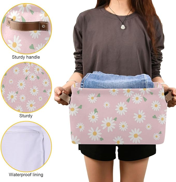 Aslsiy Storage Basket Daisy Spring Daisy Flower Nursery Bins Baby Box Canvas Clothes Shelf Basket Laundry Hamper Gift Baskets for Home Closet 1 Pcs
