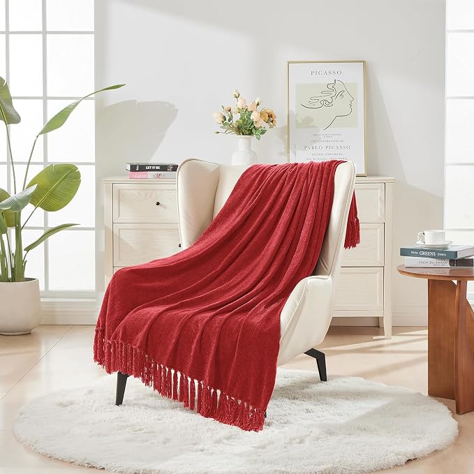 CozeCube Chenille Throw Blanket, Christmas Red Fringe Blanket, 60"X80" | For Couch, Cozy Plush Fuzzy Decorative Blanket with Fringe Tassels, Lightweight Throws for Bed Sofa Gift Home Decor