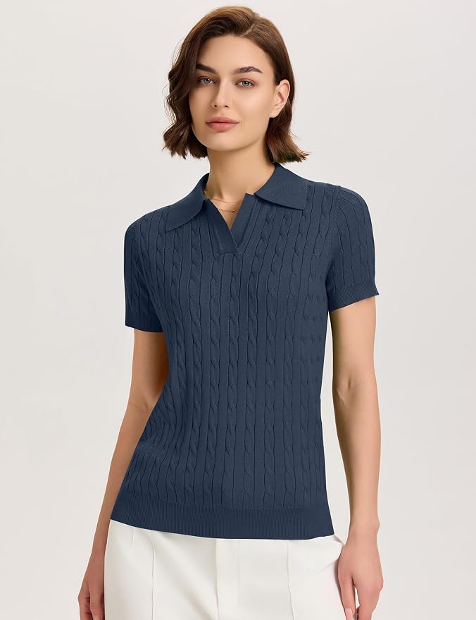 Micoson Womens Short Sleeve Sweater Tops Lapel V Neck Polo Shirts 2026 | Summer Cable Knit Loose Blouses, Business Casual Outfits