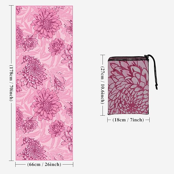 Yoga Towel Hot Yoga Mat Towel with Corner Pockets, 70 x 26 inch, Non-Slip Sweat-Absorbent Soft Microfiber Yoga Blanket for Pilates, Fitness and Workout, Pink