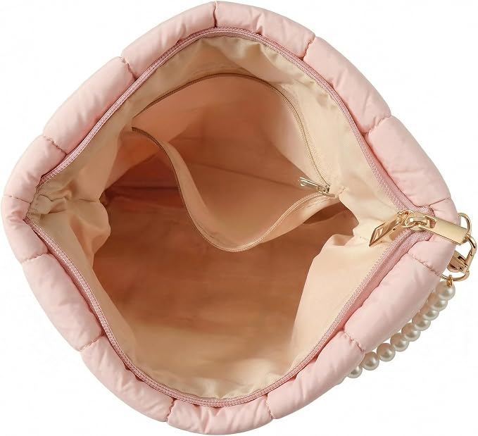 Pink Puffer Quilted Makeup Bag for Women with Furry Keychains - 10" Roomy Puffy Cosmetic Pouch, Travel Toiletry Organizer Bag (PI-Fu-PI)