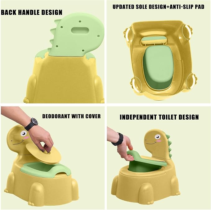 Potty Training Toilet | Dinosaur Seat Toddler Chair Portable for Kids with Non-slip Rubber Mat Backrest Boys Girls Yellow
