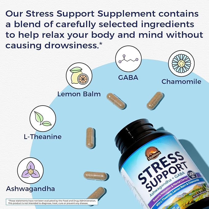 Vitalitown Stress Support Supplement, Calming Blend of Ashwagandha, GABA, L-Theanine, Lemon Balm, Natural Cortisol Response, Ease Stress & Tension, Promote Relaxation & Mental Focus, 60 Vegan Caps