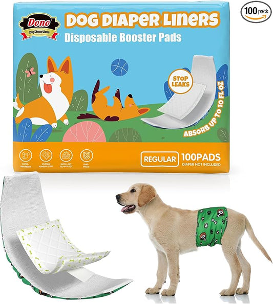 Dono Dog Diaper Liners for Male and Female Dogs, Super Absorbent Dog Booster Pads, 100ct Disposable Doggie Diaper Inserts Fit Reusable Male Belly Bands, Wraps, Washable Period Panties, Regular